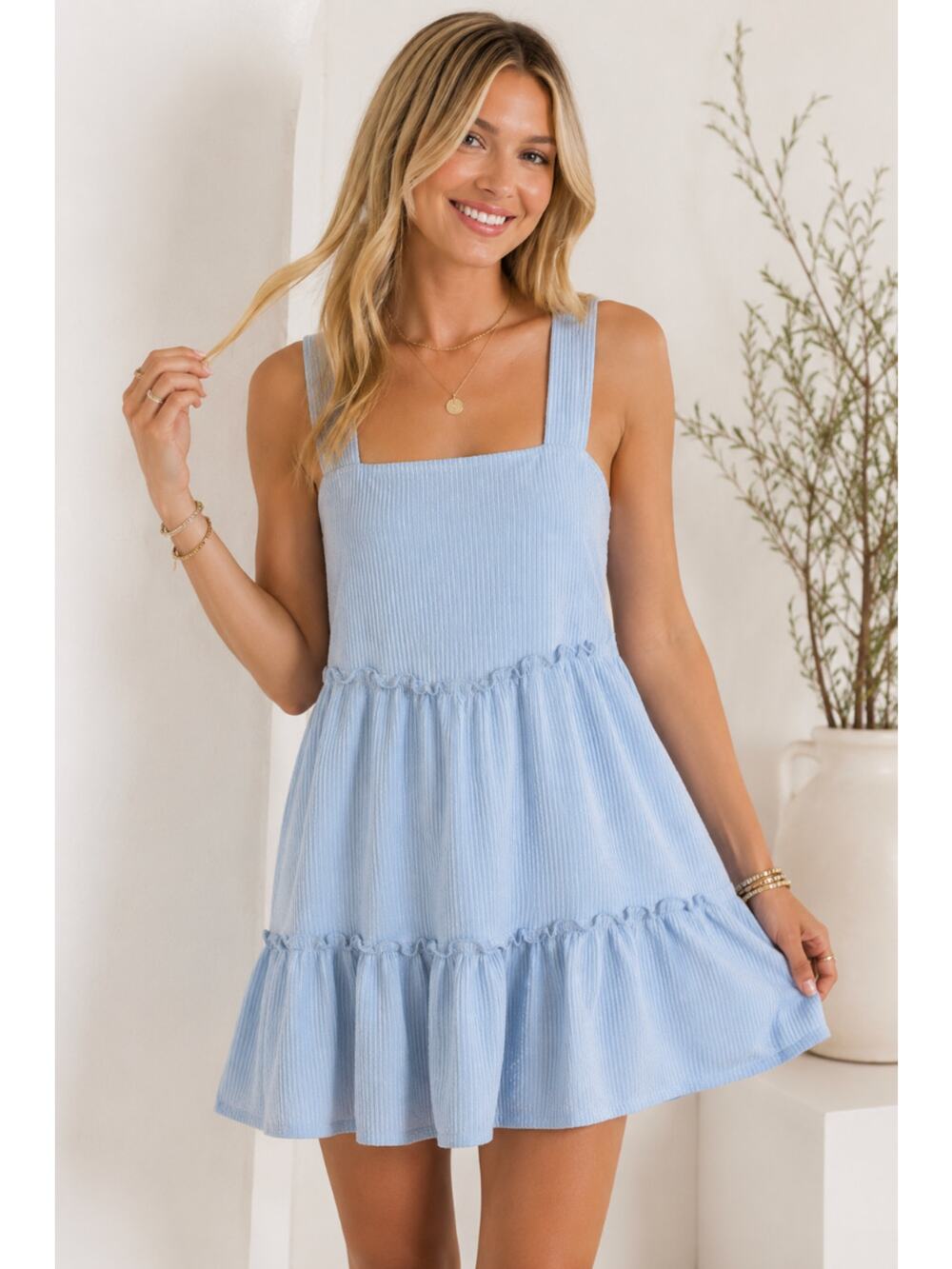 Anna Grace Pastel Blue Square Cut Sunday Coquette Tiered Mini Malibu Sundress S